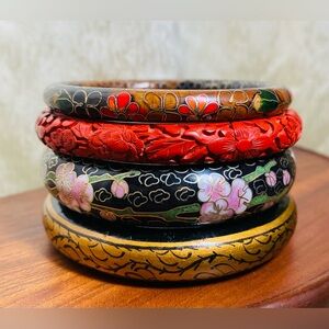 Vintage Chinese Floral Bangle Stack – Cloisonné & Carved Cinnabar (Set of 4)